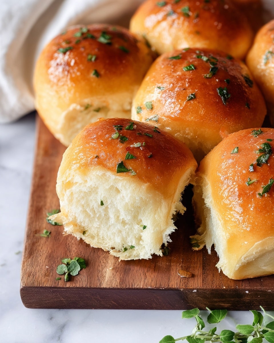 The image shows a close-up of a shiny golden brown round bun held by a woman's hand with red nail polish. The bun has small green herb bits sprinkled on top, giving it a fresh look. In the background, a white wooden board holds several more buns that look soft and smooth with the same golden shiny top and green herb pieces. The scene is set on a white marbled surface with a clean, bright light enhancing the warm tones of the buns and making their soft texture visible. photo taken with an iphone --ar 4:5 --v 7