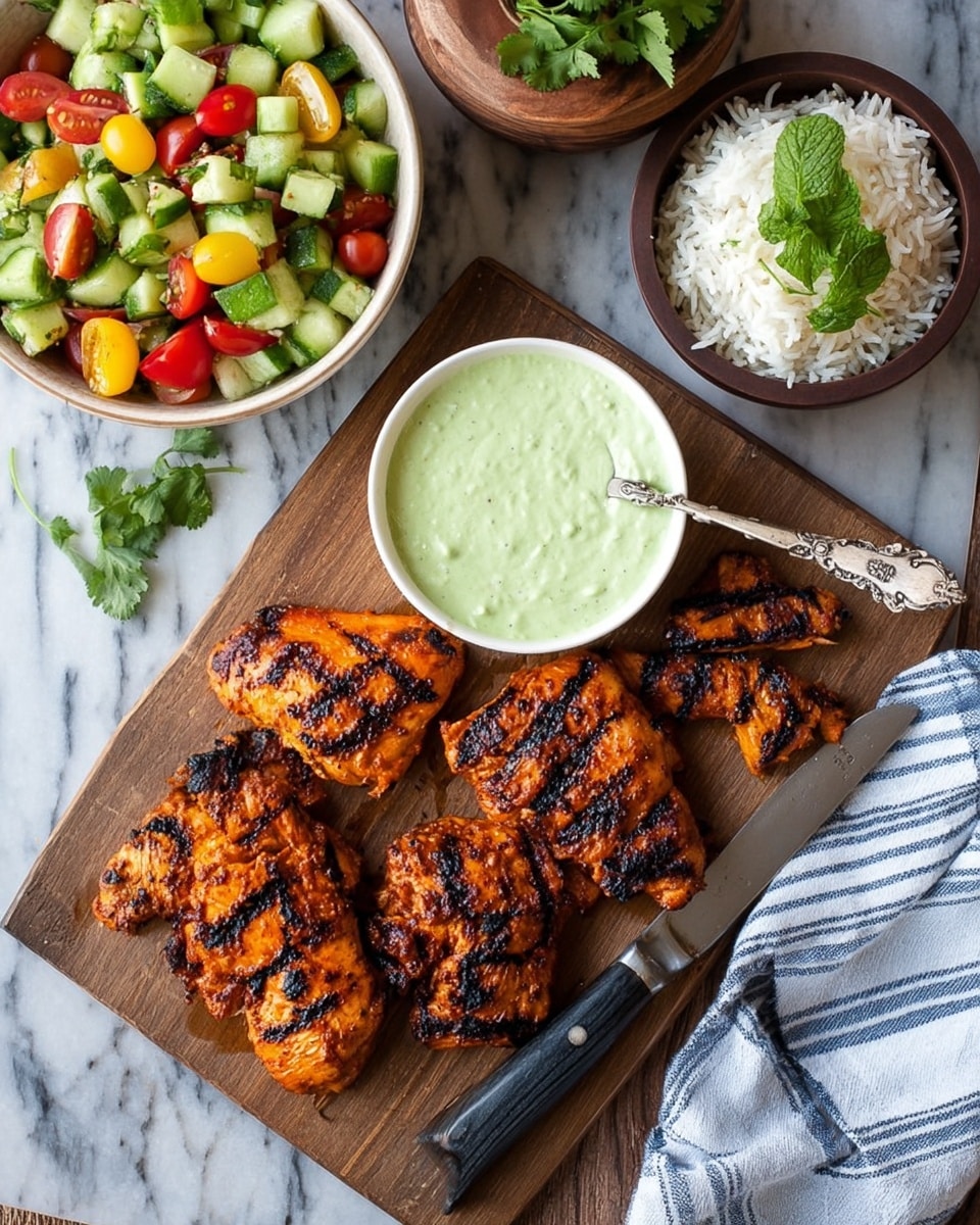A wooden board holds six grilled chicken thighs with dark, charred grill marks and a golden-brown color, arranged in a loose group in the center right of the image. To the top right of the board, a small white bowl filled with a smooth, light green sauce sits with a spoon inside. On the top left corner, a white bowl contains a fresh salad made of bright green avocado chunks, sliced red and yellow cherry tomatoes, and green cilantro leaves. In the bottom left corner, a knife with a black handle rests on the wooden board, and some fresh cilantro is placed nearby. The background features a white marbled surface with a white and blue striped cloth partially visible at the bottom right photo taken with an iphone --ar 4:5 --v 7