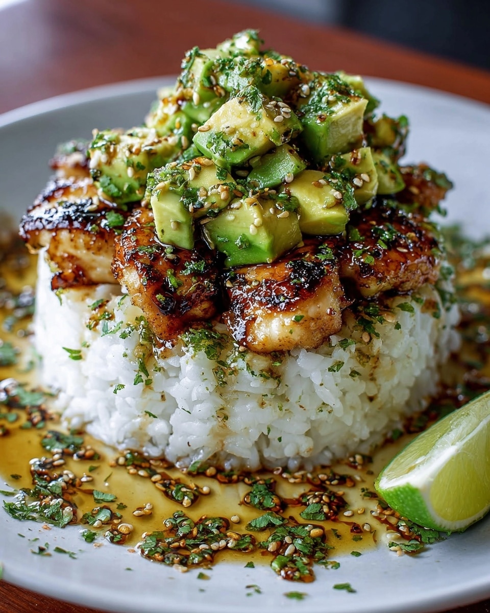 A round mound of white rice sits at the bottom, with small pieces of dark golden brown grilled chicken arranged on top. On the very top layer, there are fresh bright green chunks of avocado mixed with chopped herbs. A glossy dark sauce with bits of herbs and sesame seeds is drizzled over the chicken and around the rice on a white plate, which rests on a white marbled surface. A small wedge of lime is placed to the side of the rice stack. photo taken with an iphone --ar 4:5 --v 7