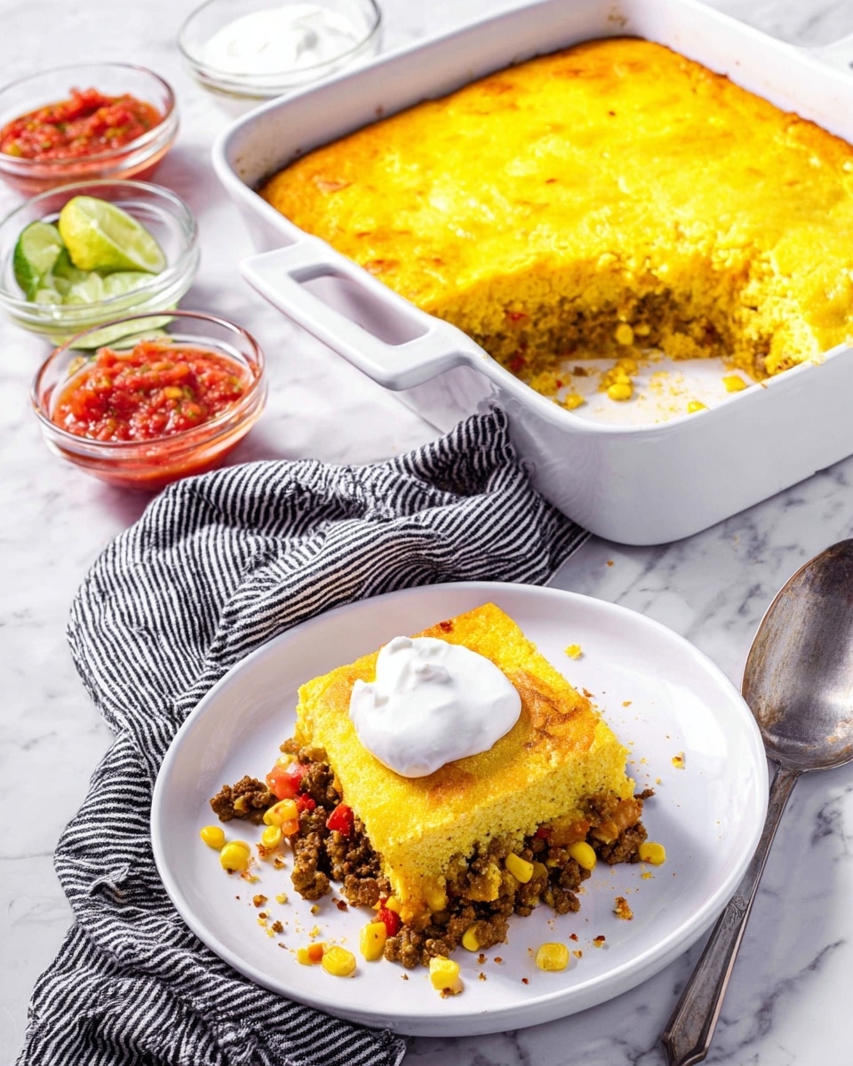 A white baking dish with a thick golden yellow cornbread layer on top, where a square piece has been removed showing a middle layer filled with ground meat, yellow corn kernels, and small red tomato pieces, placed on a white marbled surface with a black and white striped cloth underneath. In front, a white plate holds a square serving of the cornbread casserole with the same layers visible, topped with a dollop of white sour cream. Around the scene, there are small white dishes with lime wedges, a glass bowl of chunky red salsa, and another glass bowl of sour cream, with a large silver spoon resting beside the baking dish. Photo taken with an iphone --ar 4:5 --v 7