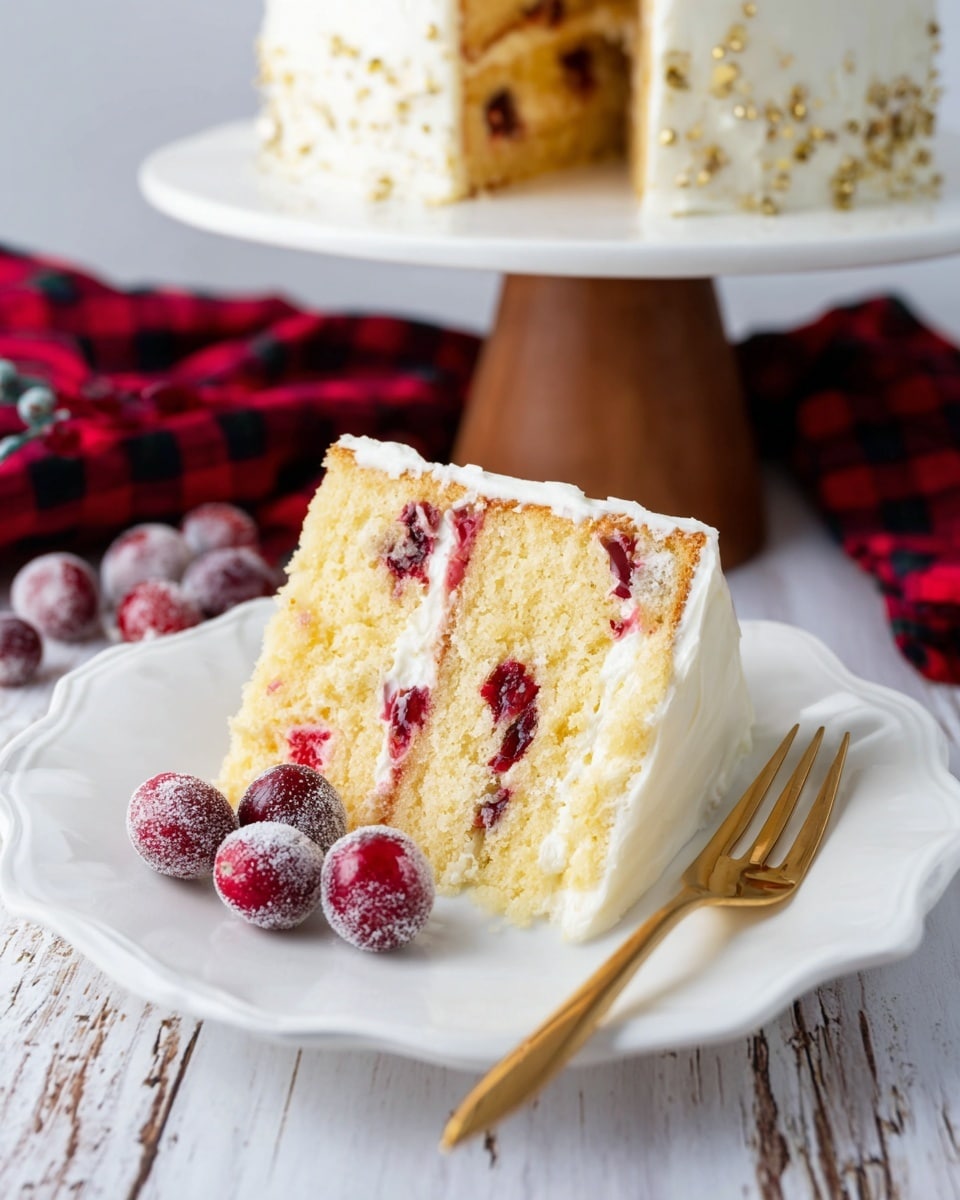 The image shows a slice of four-layer yellow cake on a white scalloped plate with a few dark red cranberries at the base front side. Each cake layer has bits of red berries inside, and thick creamy white frosting separates the layers and covers the outside smoothly with some soft textured swirls. Behind the slice, the remaining part of the cake is on a dark rustic pedestal stand, topped with a bunch of mixed red and dark purple berries. The scene is set on a white marbled surface with a red and black checkered cloth slightly out of focus in the background along with a blurred decorative silver object, photo taken with an iphone --ar 4:5 --v 7
