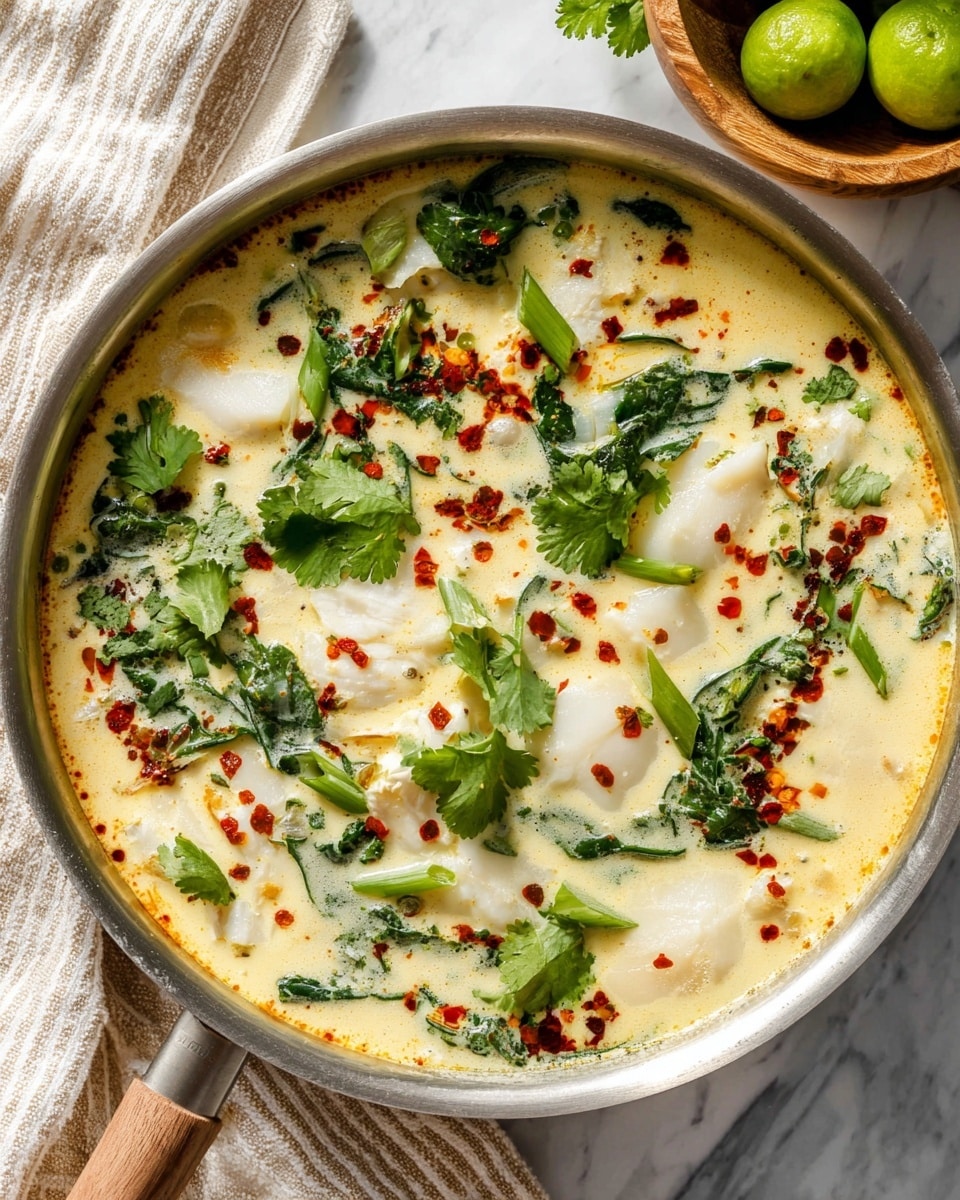 A shallow silver pan filled with a creamy light yellow broth, covered with soft white fish pieces partly submerged, bright green spinach leaves scattered throughout, and topped with fresh green cilantro leaves and thinly sliced pale green onions. Orange-red chili oil is drizzled over the surface in irregular spots, adding a vibrant contrast, with small red chili flakes sprinkled around. In the corner, a rustic wooden bowl holds fresh lime halves on a white marbled surface, and a folded white cloth with black stripes is placed nearby. Photo taken with an iphone --ar 4:5 --v 7