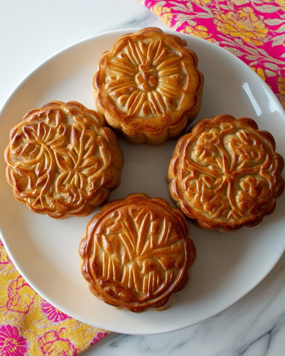 Four round mooncakes with a shiny golden brown crust sit on a white square plate. Each mooncake has a detailed floral pattern on top with raised petals and leaves, giving a textured look to the surface. The mooncakes appear thick with one solid layer of crust, showing slight color variation from light golden to deeper brown where the edges are baked more. The plate rests on a white marbled surface and part of a pink and yellow patterned cloth is visible to one side. Photo taken with an iphone --ar 4:5 --v 7