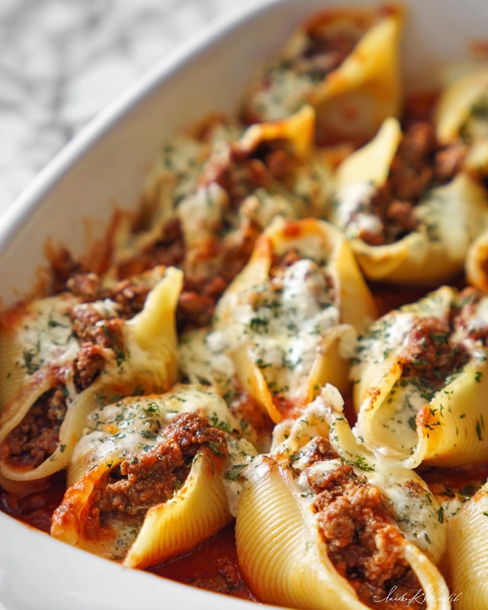 A white baking dish is filled with two layers of large pasta shells. The bottom layer is covered in a bright red tomato sauce, slightly thick and spread across the dish. On top, there is a second layer of pasta shells stuffed with browned ground meat and topped with white, melted cheese that looks soft and creamy. The stuffed shells are sprinkled with green herbs, adding a fresh touch. Two woman's hands hold the dish with a white cloth on a white marbled surface. Photo taken with an iphone --ar 4:5 --v 7