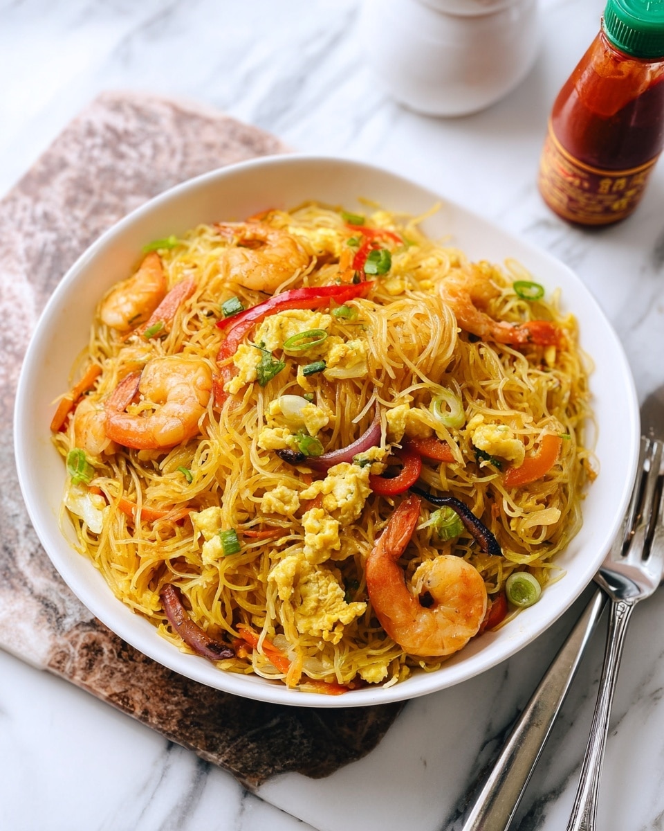 A white plate filled with thin yellow noodles cooked with multiple layers of ingredients, including pieces of shrimp that are light orange and slightly shiny, small green slices of scallions scattered on top, thin carrot strips adding a touch of orange, and light brown mushroom slices mixed throughout. Red dried chili peppers stand out against the noodles, adding contrast. The noodles look soft and show a lightly oily texture, and the dish is arranged in a rounded mound on a white marbled surface with a pair of chopsticks wrapped in white paper nearby. photo taken with an iphone --ar 4:5 --v 7