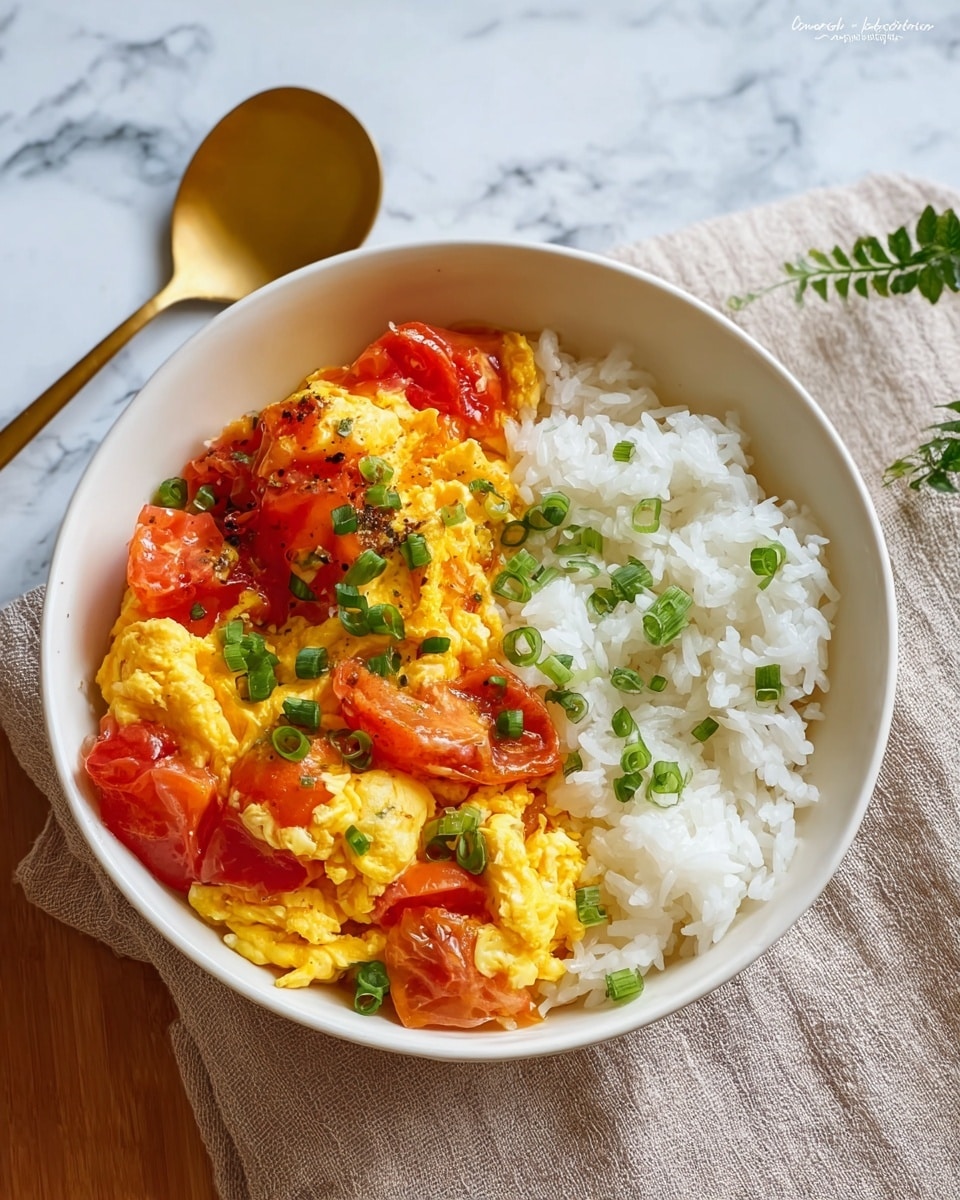 A white bowl is filled halfway with white cooked rice showing the fluffy texture of the grains. On top and slightly overlapping one side of the rice, there is a layer of scrambled eggs mixed with chunks of cooked tomatoes. The scrambled eggs are soft and yellow with bits of bright red tomato pieces, all sprinkled with small green chopped scallions. The bowl sits on a beige cloth with a green plant and a gold spoon in the background on a wood surface, changed to a white marbled texture. photo taken with an iphone --ar 4:5 --v 7