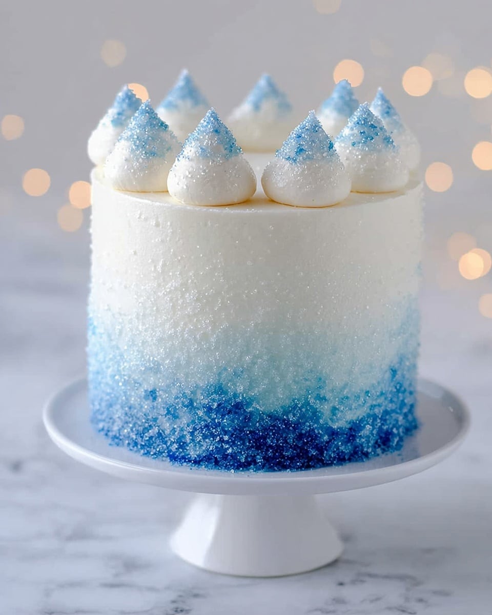 This is a tall, round cake with a smooth frosting that fades from bright blue at the bottom to white at the top, covered in sparkling sugar crystals. The top is decorated with several small, pointed mounds of white frosting dusted with blue sugar, evenly spaced around the edge. The cake sits on a simple white cake stand, placed on a white marbled surface with soft, blurred lights in the background. photo taken with an iphone --ar 4:5 --v 7