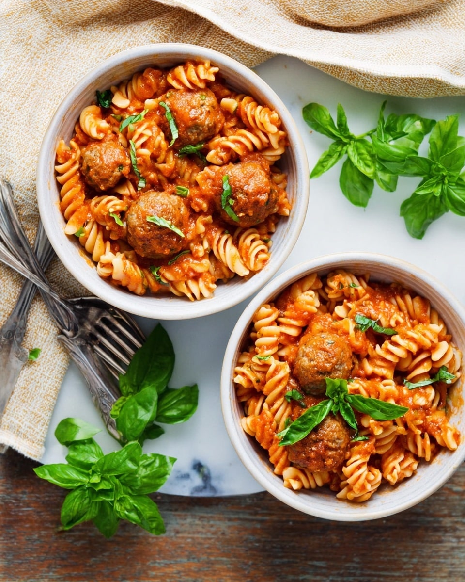The image shows a blue and white speckled baking dish filled with baked rotini pasta mixed with meatballs, all covered in melted white cheese. The pasta is orange-red from the tomato sauce, and the meatballs are golden brown and scattered evenly throughout the dish. Some fresh green herbs like basil leaves are placed on top, adding color contrast. A wooden spoon rests inside the dish, ready for serving, and the whole setup is on a white marbled surface with some green herbs and a white cloth nearby. photo taken with an iphone --ar 4:5 --v 7