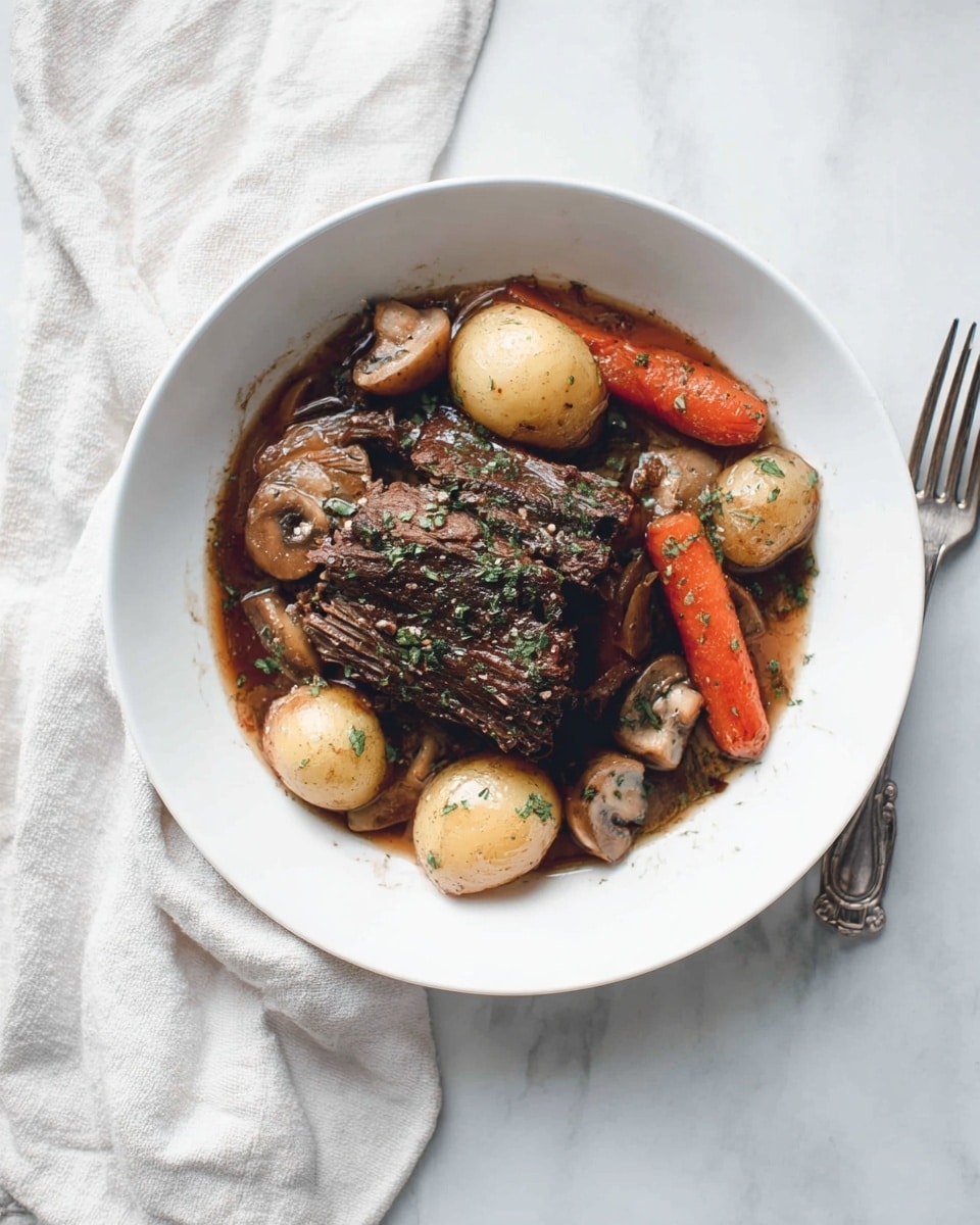 A large blue pot filled with a rich brown stew visible in three main layers: the bottom layer is a dark brown liquid broth with some shine, the middle layer has whole small round potatoes and large carrot pieces in shades of orange and yellow, scattered evenly around the pot, and the top layer shows a large dark brown cooked meat piece with some green herbs sprinkled on it. The pot sits on a white marbled surface with a white cloth on the left side and a wooden utensil handle slightly visible on the right. Photo taken with an iphone --ar 4:5 --v 7