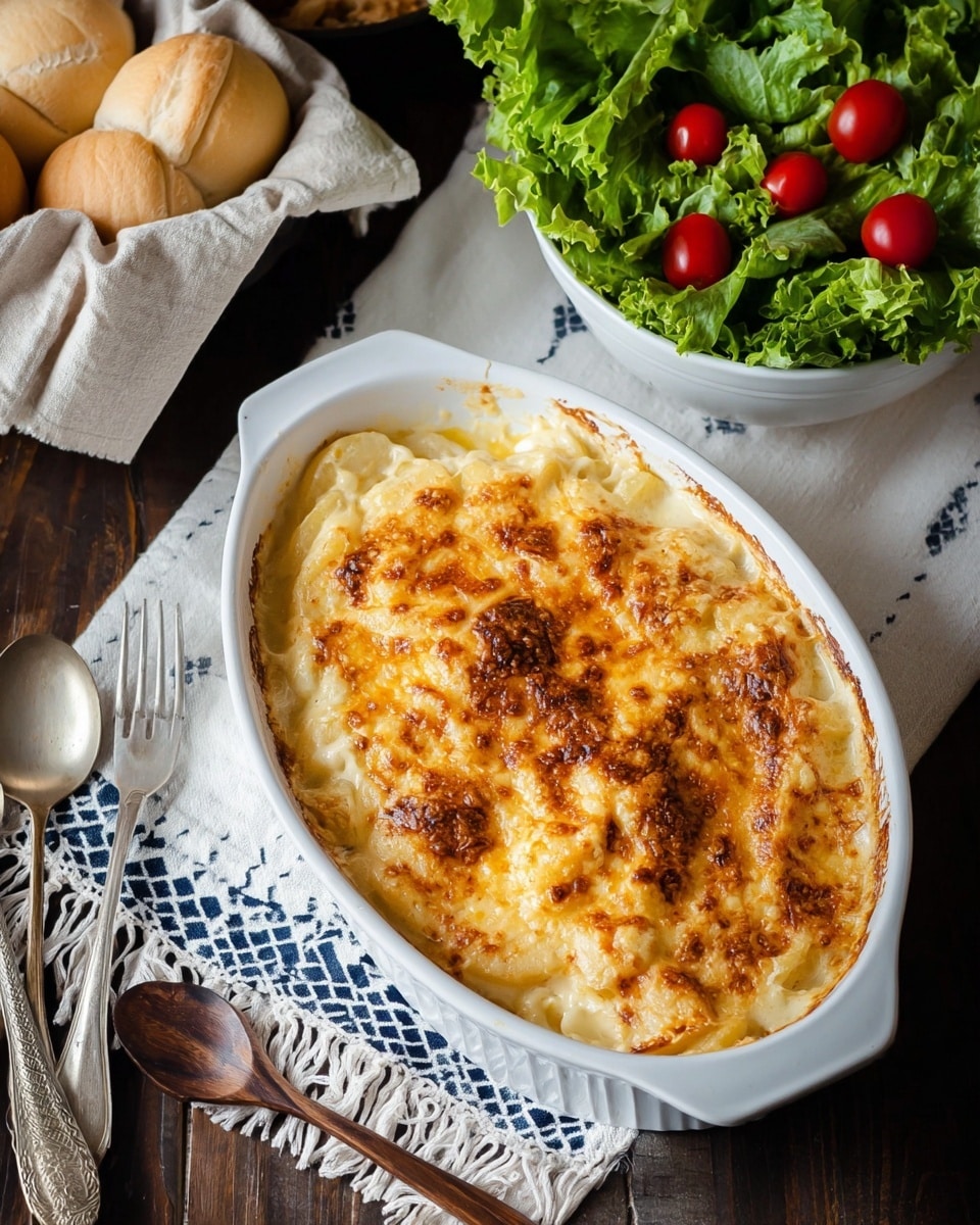 A white oval dish filled with a baked pasta dish showing about three visible layers: the top layer is a golden brown melted cheese with crispy browned spots and scattered threads of orange cheese, the middle layer is creamy white sauce mixed with noodles, and the bottom layer is slightly visible pasta with a smooth texture; the dish sits on a white marbled surface with a cloth napkin underneath, three shiny forks to the left, three round bread rolls wrapped in a white cloth below, a wooden spoon to the right, and a white bowl of fresh green lettuce and bright red cherry tomatoes in the top right corner. photo taken with an iphone --ar 4:5 --v 7
