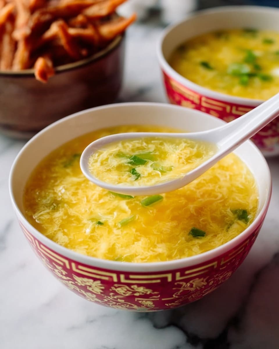 A white bowl with colorful traditional patterns holds a smooth yellow egg drop soup with small green onion pieces floating on top. A white spoon lifts a scoop of the soup, showing its slightly thick texture and the egg ribbons inside. In the background, there is a white bowl full of crispy fried noodles and another similar bowl filled with the same soup. The scene is set on a white marbled surface. photo taken with an iphone --ar 4:5 --v 7