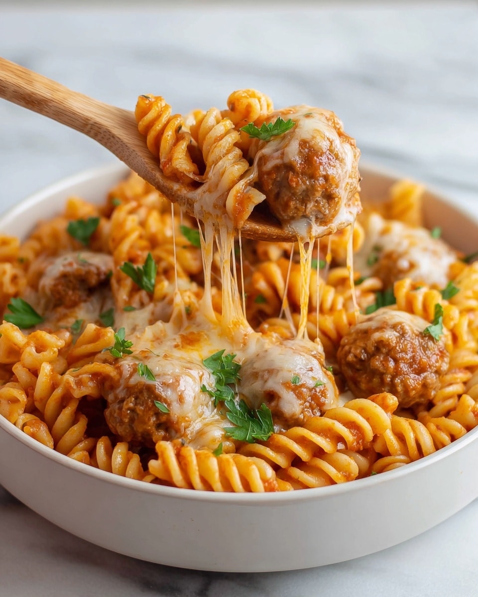 A white bowl filled with spiral pasta coated in a red-orange sauce mixed with melted cheese, topped with several browned meatballs that have a slightly crispy outside and garnished with chopped green herbs, all placed on a white marbled surface next to copper-colored cutlery and a gray cloth. Photo taken with an iphone --ar 4:5 --v 7
