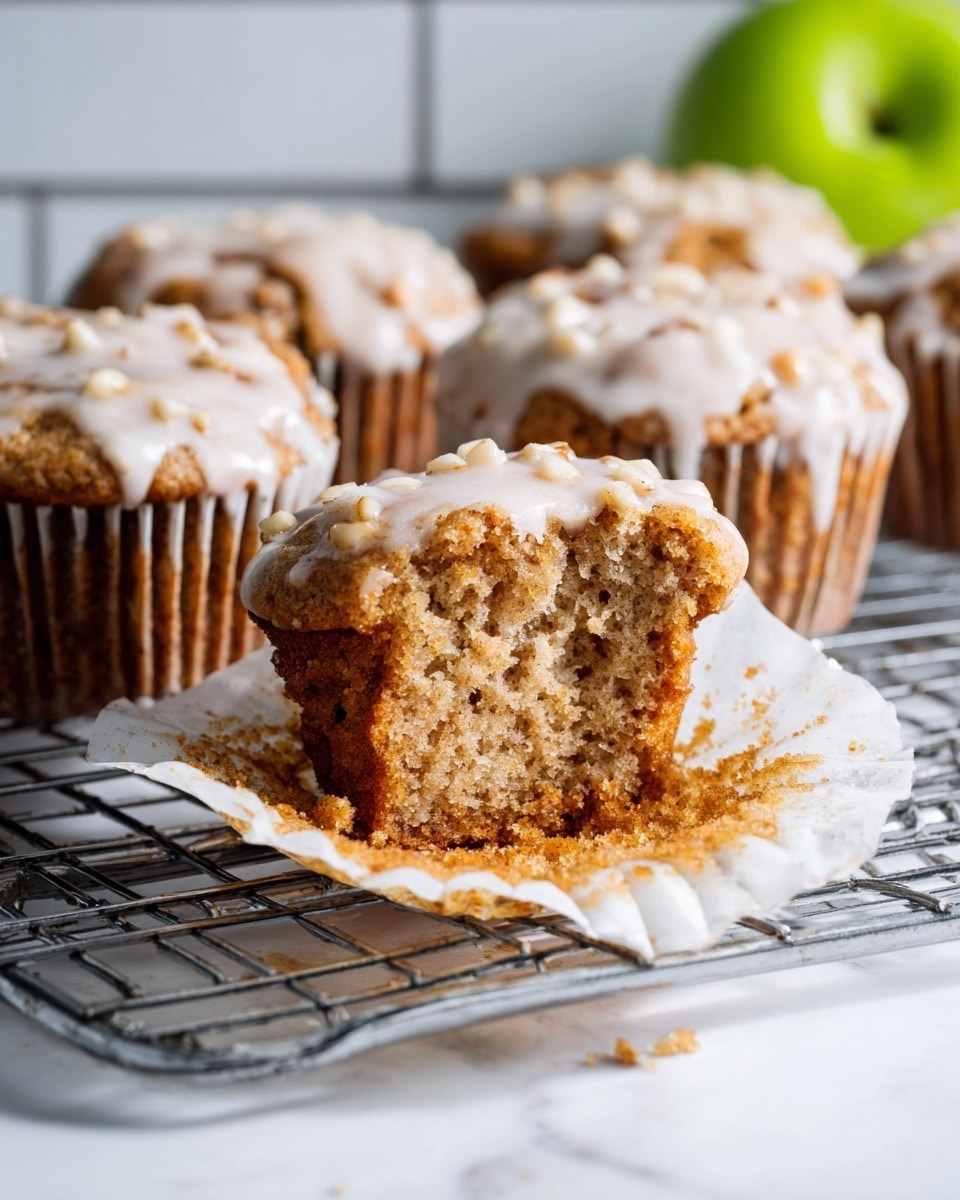 The image shows nine round muffins inside a metal muffin tray, each muffin topped with a shiny white glaze that covers the uneven, crumbly brown surface. The muffins have a lumpy texture with visible small chunks, and the glaze drips slightly down the sides. The tray looks well-used with some scratches and crumbs scattered around. Light and shadows fall across the muffins, highlighting the glossy icing and rough texture against a white marbled background. photo taken with an iphone --ar 4:5 --v 7