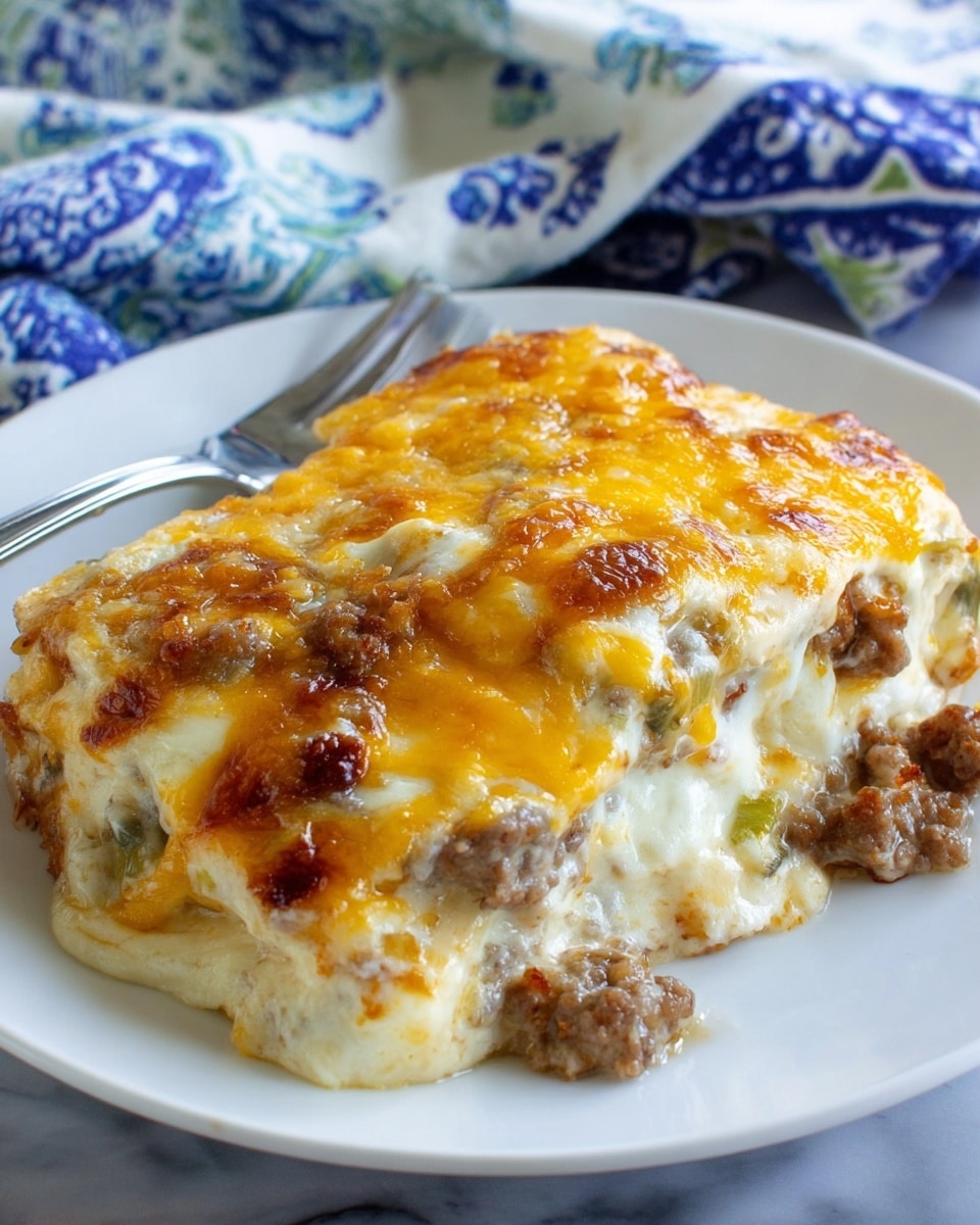 A close-up of a thick slice of lasagna on a white plate, showing four main layers: the bottom layer is soft pasta, above it a creamy white sauce with browned ground meat and small green vegetable pieces, then a second pasta layer, topped with melted yellow and orange cheese with browned spots. The cheese is bubbly and slightly browned, giving a golden crust look. In the background, there is a shiny fork and green jalapeños, all on a white marbled surface. Photo taken with an iphone --ar 4:5 --v 7